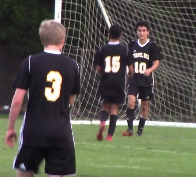 Senior Tom Morioka, No. 10, scored both of Chapel Hill's goals in the September 21 shutout over Carrboro. PHOTO CREDIT: TYLER TACHMAN